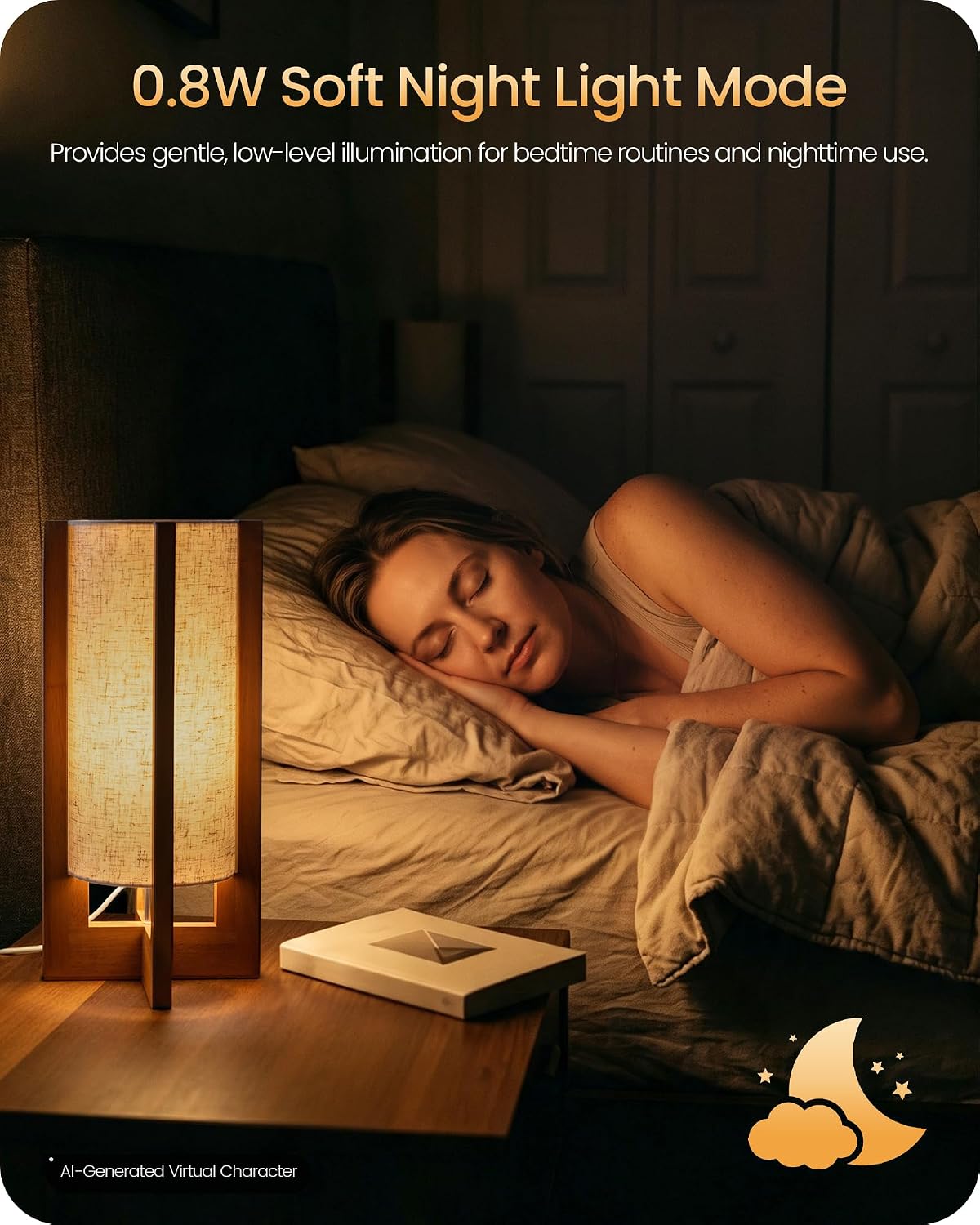 Small Table Lamp, 13.4" Wood Bedside Lamp with A19 LED Bulb