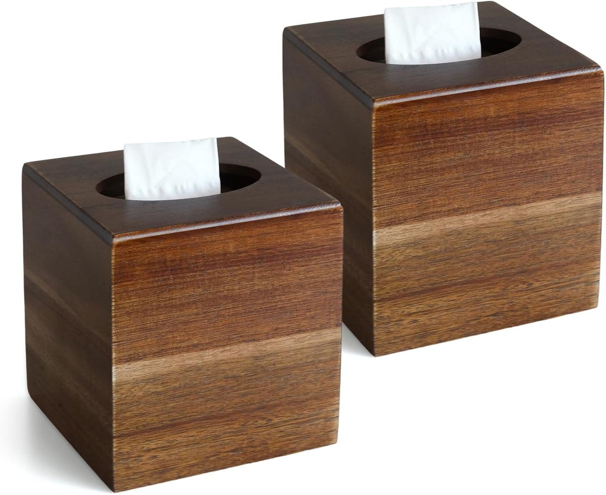2 Pack Acacia Wood Tissue Box Cover，Wooden Tissue Box Holder Square