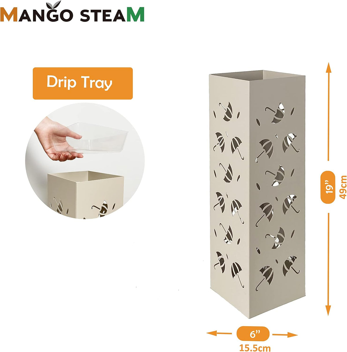Mango Steam Metal Square Tall 19.5" Umbrella/Cane/Walking Stick/Wrapping Paper Holder, Stand, Rack Organizer (Brollies Almond)