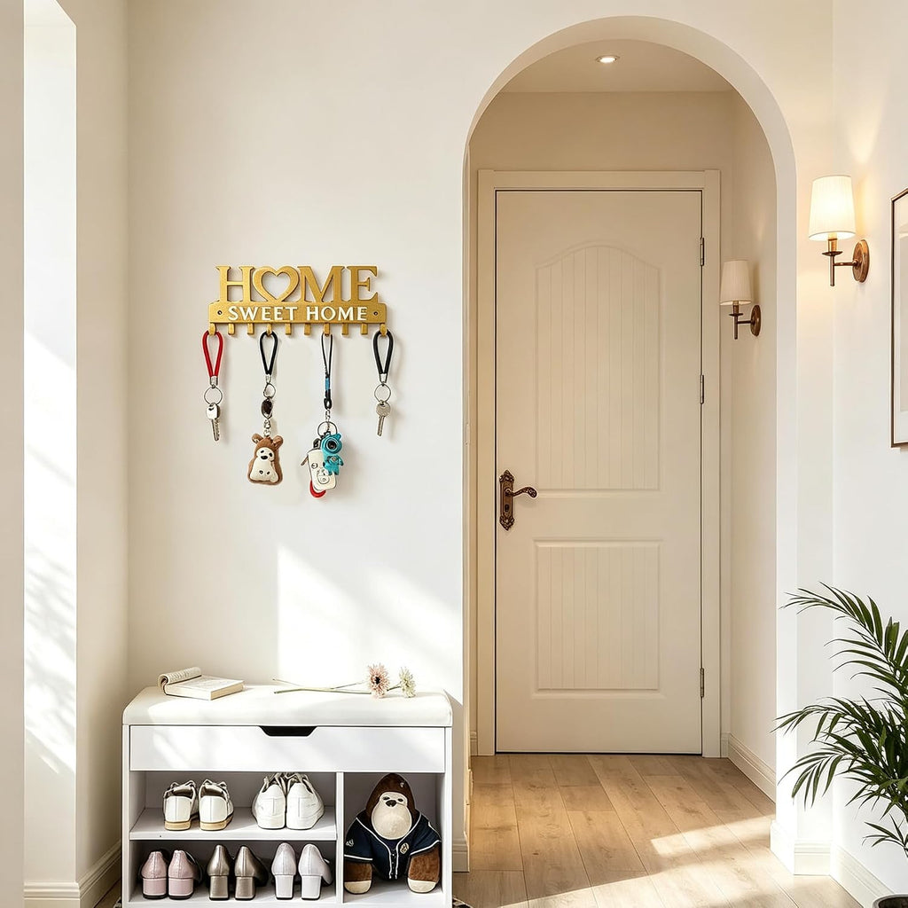 Key Holder Wall Mounted with Screws and Anchors, Gold Multifunctional Key Hanger with 10 Hooks, Entryway Front Door Kitchen Hallway Garage Office
