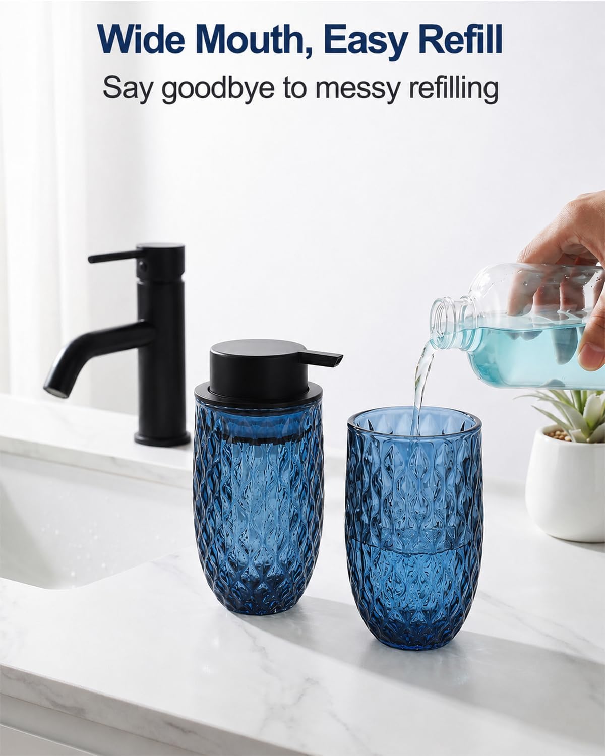 Glass Foaming Soap Dispenser, Blue Embossed Foam Hand Soap Dispenser, 2PCS
