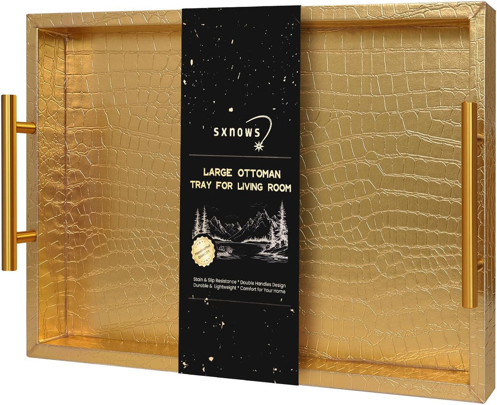 SXNOWS Faux Leather Serving Tray with Gold Handles, Glossy Gold