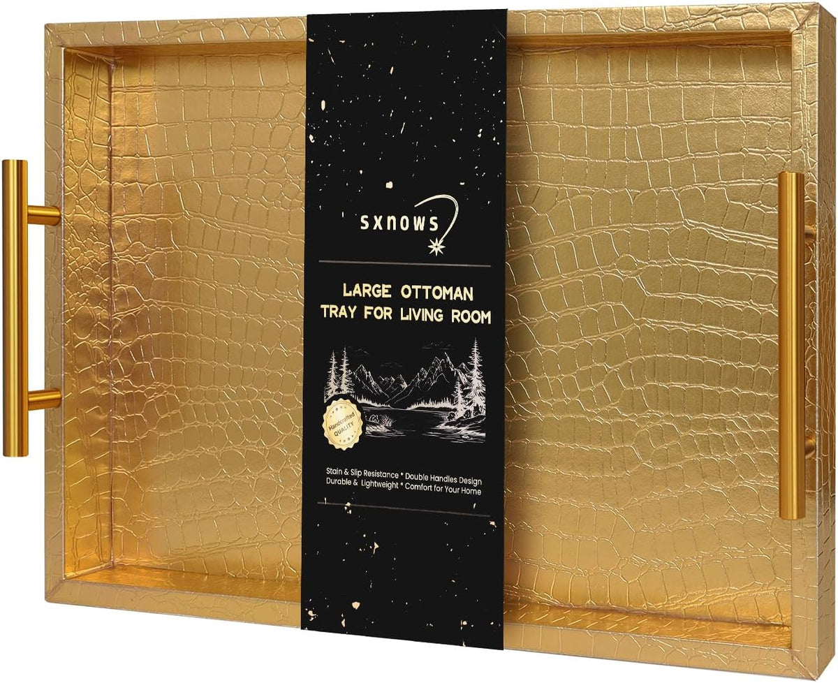 SXNOWS Faux Leather Serving Tray with Gold Handles, Glossy Gold