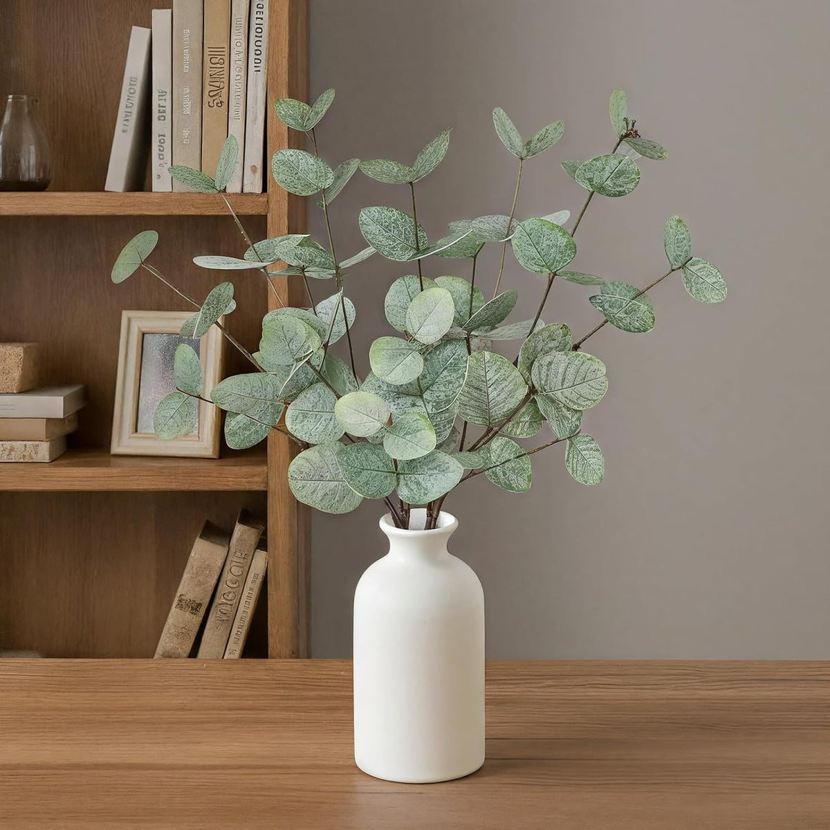 15" Artificial Eucalyptus Stems Potted Plant - Realistic Small Fake Desk Plants for Office Home Decor, Faux Plants in Frosted Ceramic Vase for Indoor Spaces, Wedding Centerpieces Table Decor-4pcs leaf