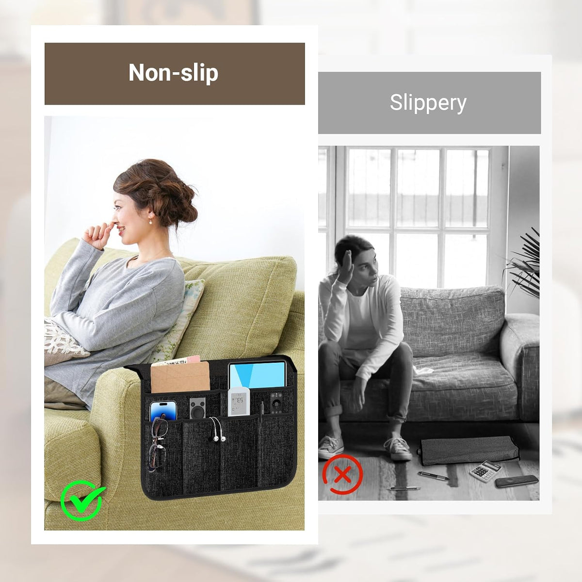 Armchair Caddy & Remote Control Holder for Couch & Recliner | Non-Slip Armrest Organizer with 6 Pockets for TV Remote, Phone, Tablet, Magazine & More, 19 x 35 Inches, Black