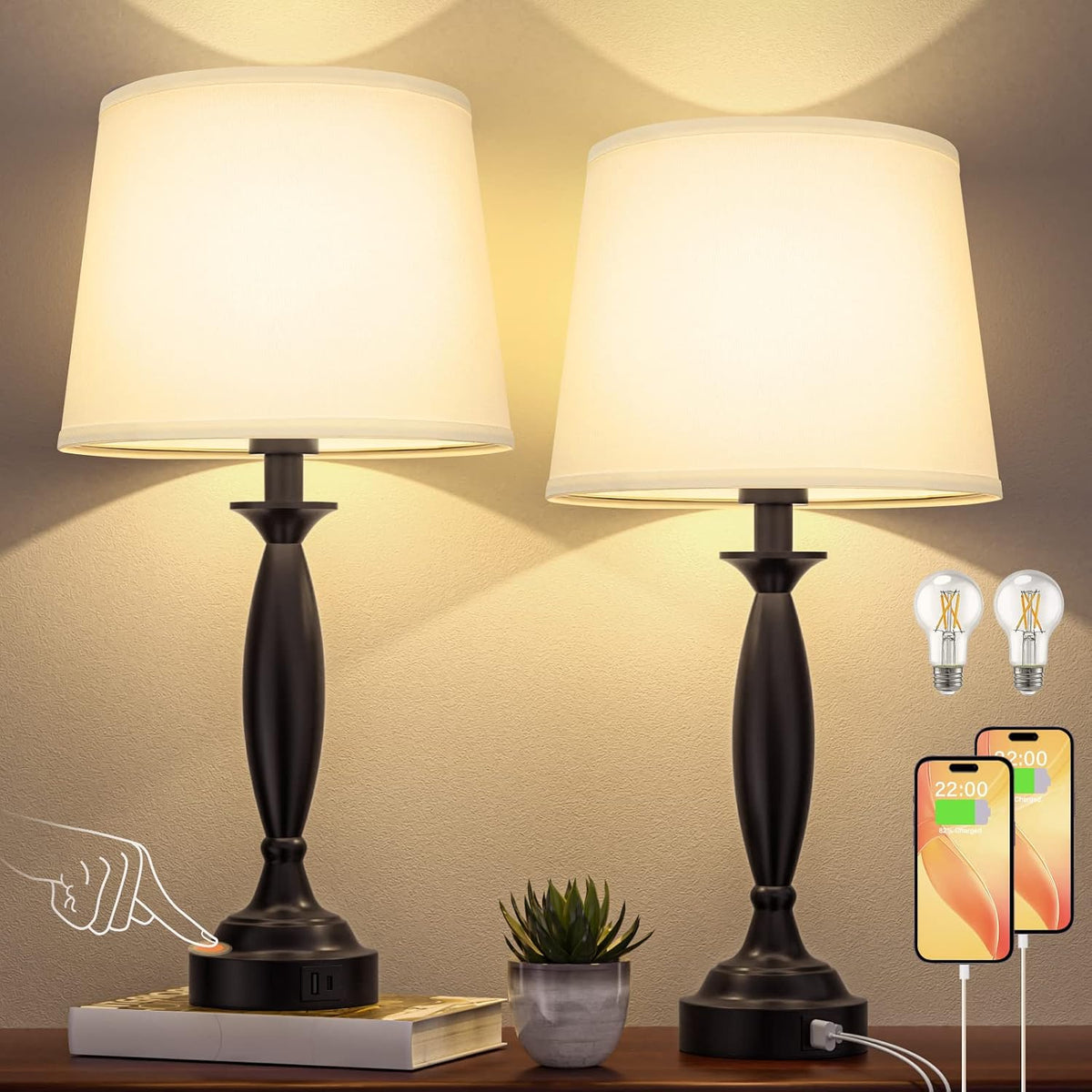 Seealle Bedroom Lamps for Nightstand, Black Bedside Lamps with USB