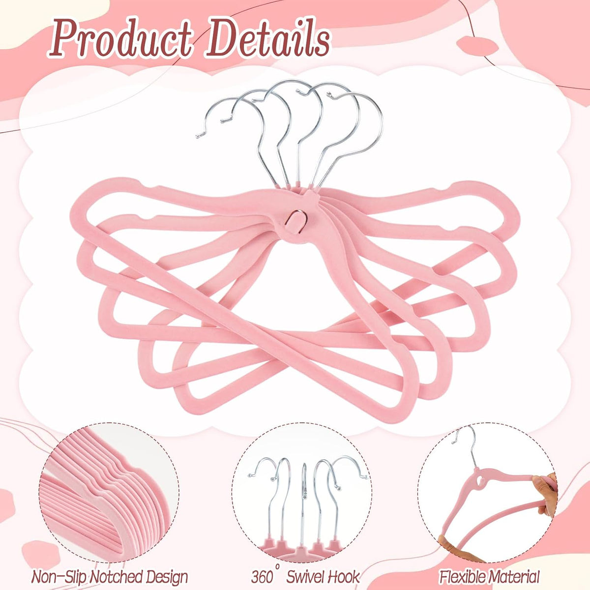 Velvet Clothes Hangers 50 Pack, 11.8" Non-Slip Flocked Garment Hangers with 30 Hanging Clips, Space Saving Small Size Clothing Hangers for Closet, Dresses, Tops, Pants,(Pink)