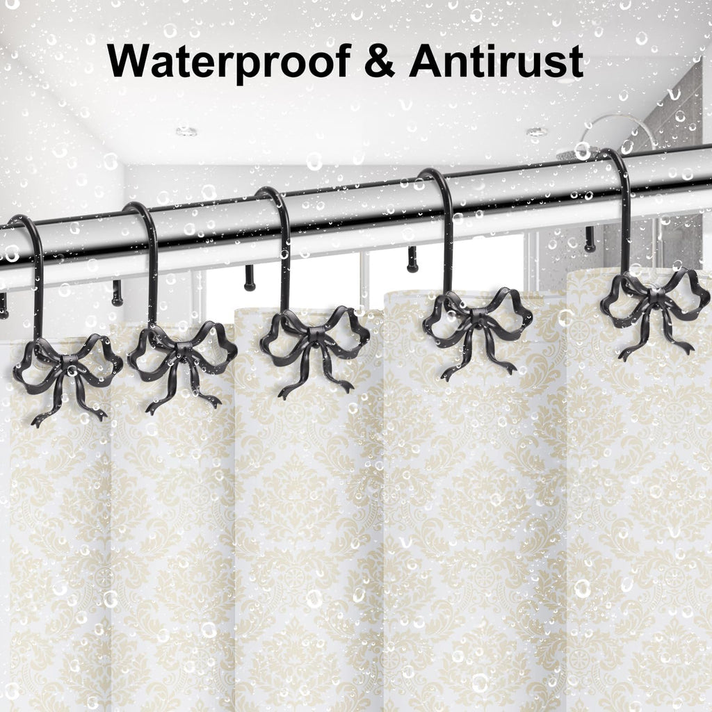 Bow Shower Curtain Hooks, 12-Pack Black Metal Decorative Bow Knot Rings