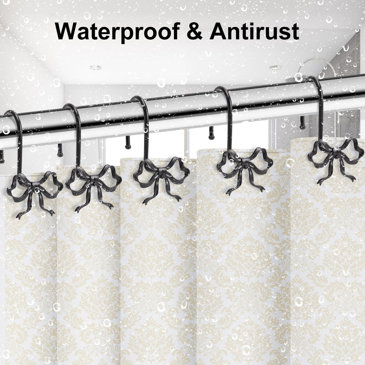 Bow Shower Curtain Hooks, 12-Pack Black Metal Decorative Bow Knot Rings