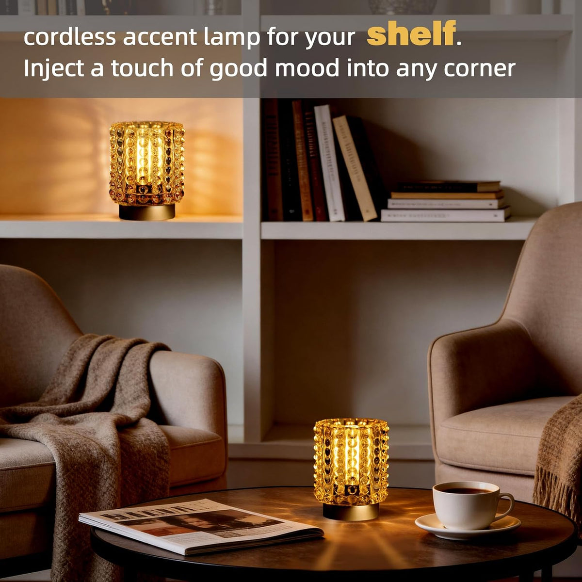 Battery Operated Lamp Timer, Small Cordless Lamp Decorative, 2 Pack Yellow