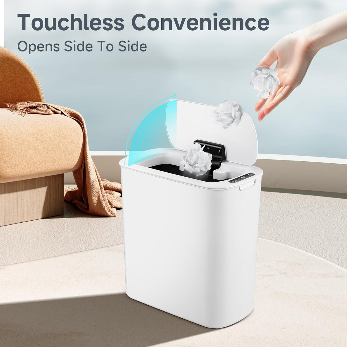 TIPGO Automatic Small Bathroom Trash Can with Lid, 2.6 Gallon, White