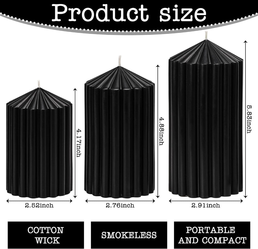 Black Ribbed Pillar Candles Set of 3, Halloween Candles Decor Unscented