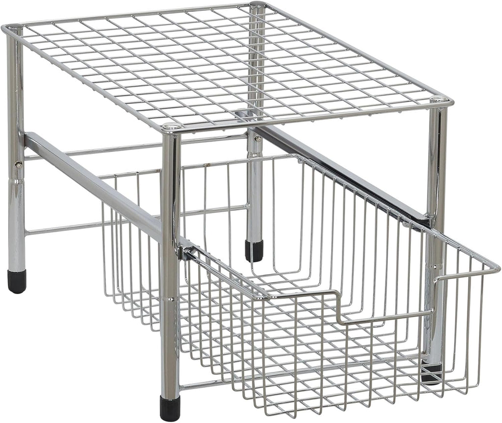 Household Essentials Free Standing Single Basket Sliding Cabinet Organizer with Metal Frame, Silver Finish