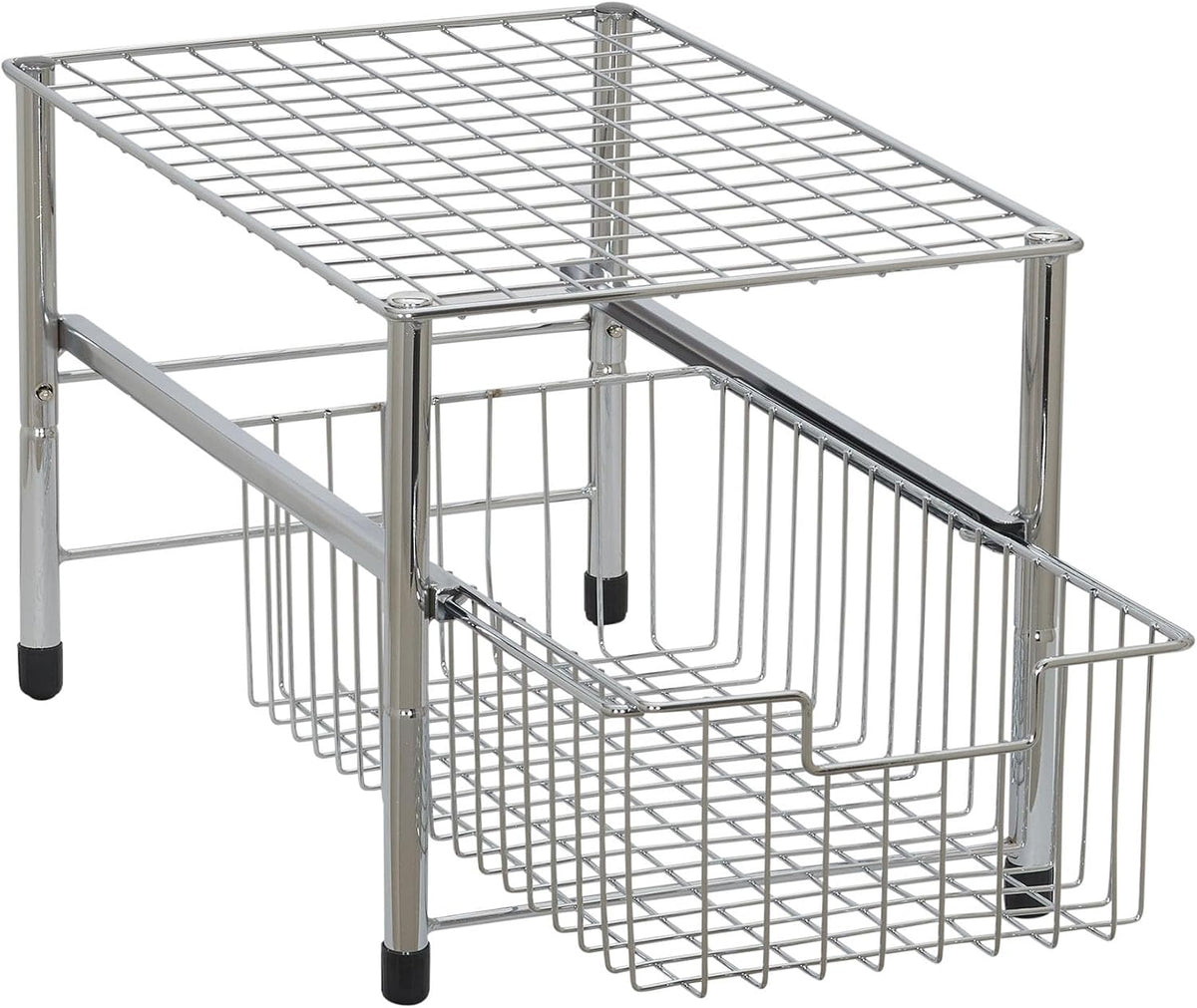 Household Essentials Free Standing Single Basket Sliding Cabinet Organizer with Metal Frame, Silver Finish