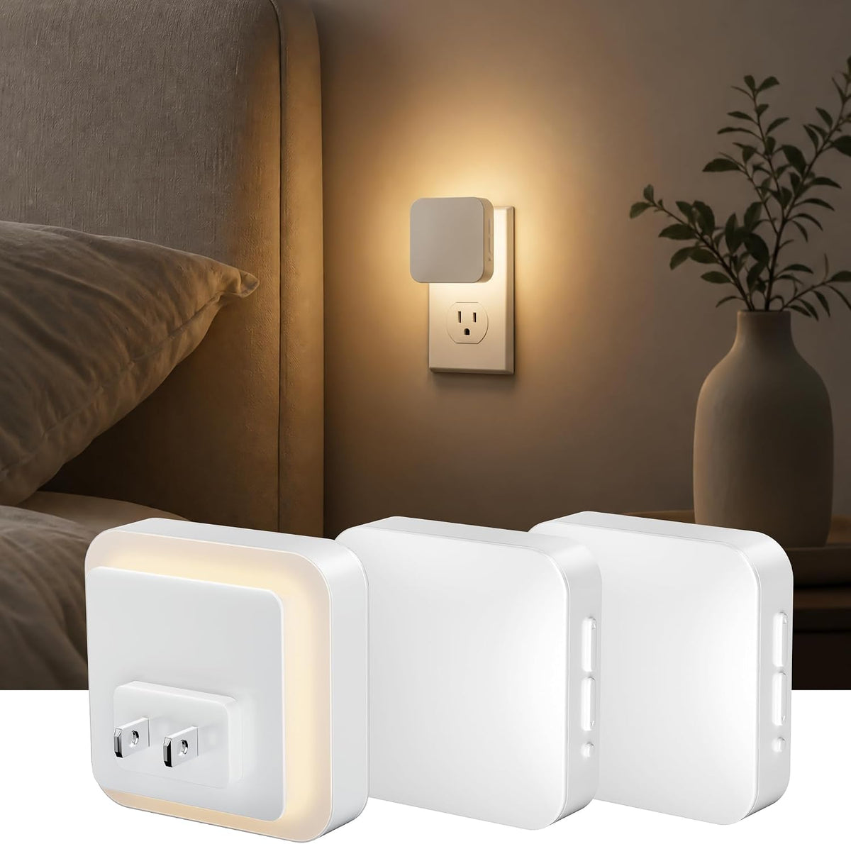 BN-LINK Backlit Motion Sensor Night Light Plug into Wall, 1-50 Lm Dimmable Night Light with Dusk to Dawn Sensor, Led Night Light Indoor, Warm White, for Bathroom, Hallway, Stair, Bedroom, 3 Pack