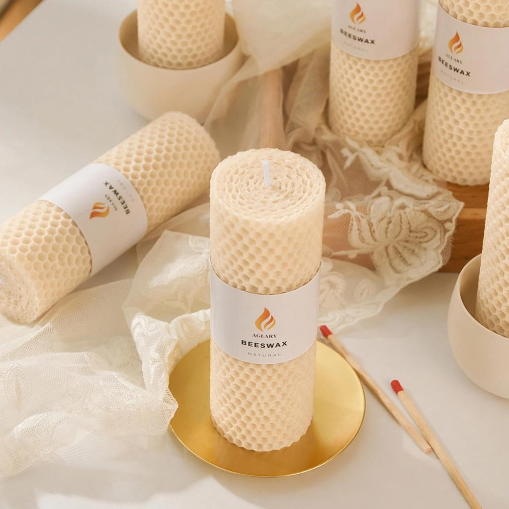 6-Pack 2x6 Beeswax Pillar Candles, Hand-Rolled Honeycomb Candle, Off-White