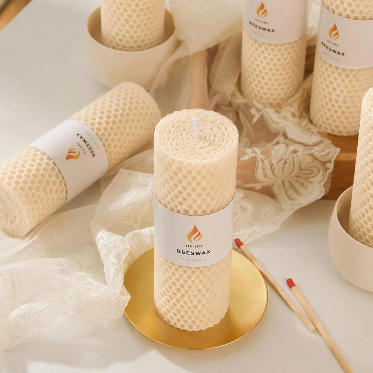 6-Pack 2x6 Beeswax Pillar Candles, Hand-Rolled Honeycomb Candle, Off-White