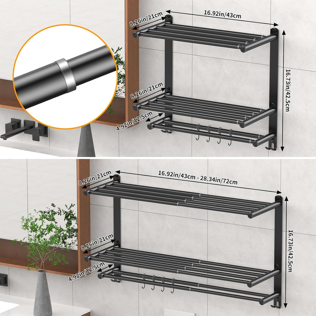 Adjustable 16.9–28" Matte Black Towel Rack for Bathroom SUS304 Stainless Steel 2-Tier Shelf with Extended Bar & 4 Sliding Hooks, Adhesive or Screw Mount, Bathroom/Over-Toilet Organizer