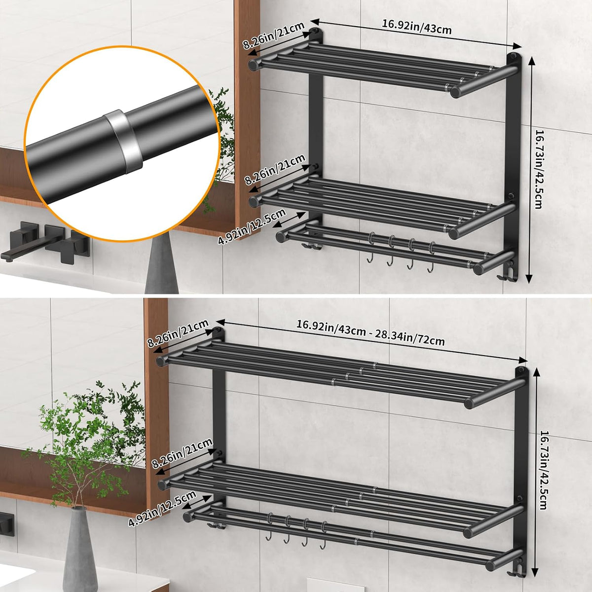 Adjustable 16.9–28" Matte Black Towel Rack for Bathroom SUS304 Stainless Steel 2-Tier Shelf with Extended Bar & 4 Sliding Hooks, Adhesive or Screw Mount, Bathroom/Over-Toilet Organizer