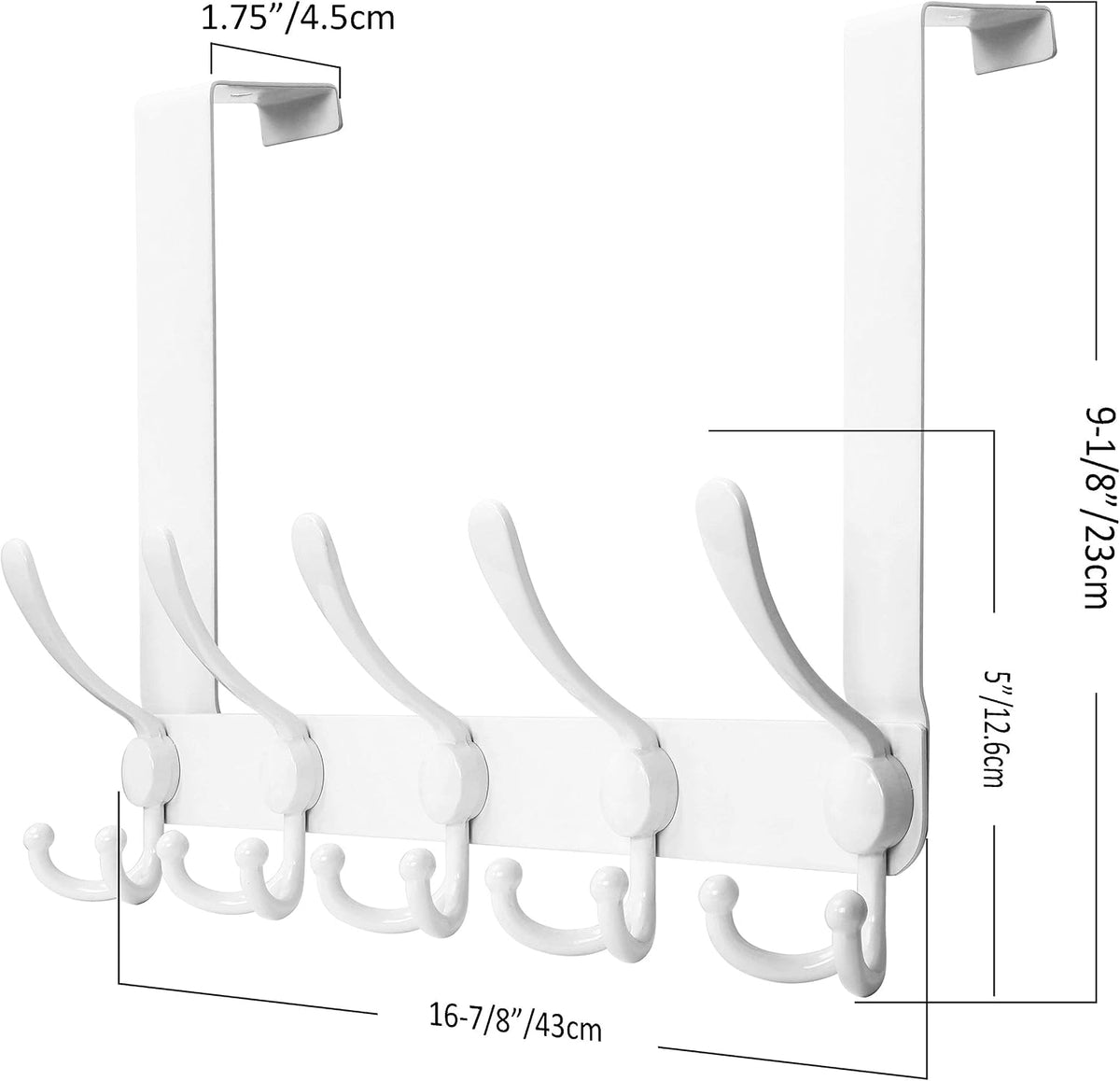 SKOLOO Over The Door Hook - for Doors up to 1-3/4'' Thickness, Metal Door Hanger with 5 Triple Hooks, Over The Door Hanger for Coats, Hats,Towels, White, Assembly Required