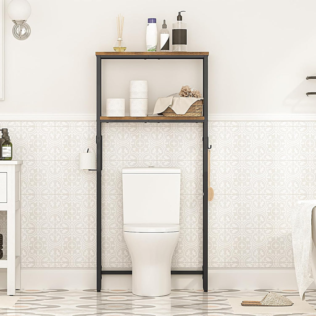 HOOBRO Over The Toilet Storage, 2-Tier freestanding Over the Toilet Storage, Bathroom Organizer Over Toilet with Toilet Paper Holder and Hooks, Space Saver for Room, Rustic Brown and Black BF49TS01