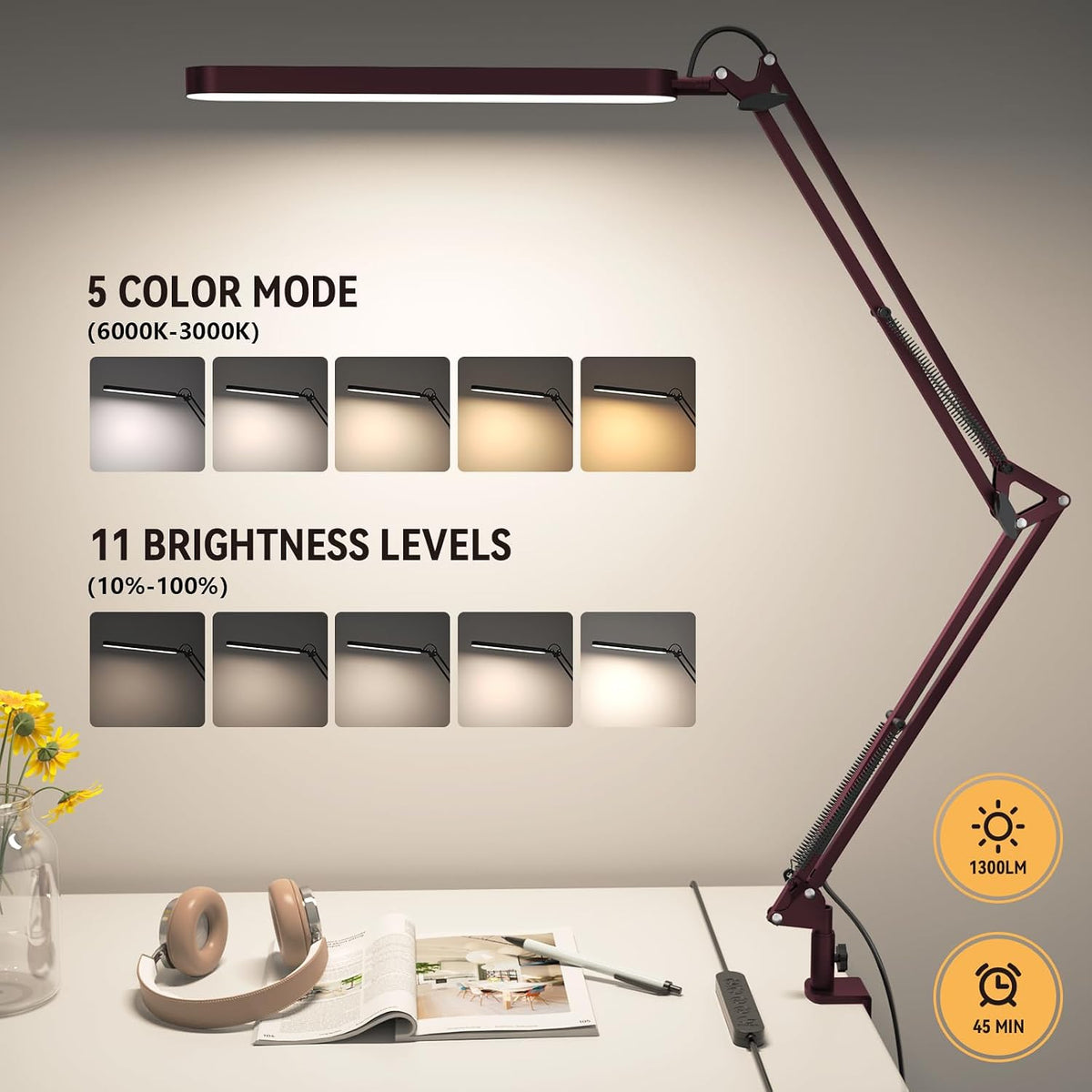 SKYLEO Desk Lamp - LED Desk Light - 5 Color Modes X 11 Brightness Levels - Adjustable Swing Arm - Timmer & Memory Function - 12W Lamp for Desk - Red