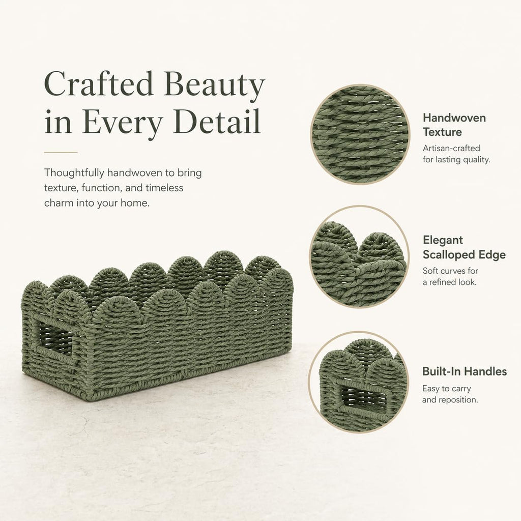 Sage Green Scalloped Basket, Toilet Tank Tray, Back of Toilet