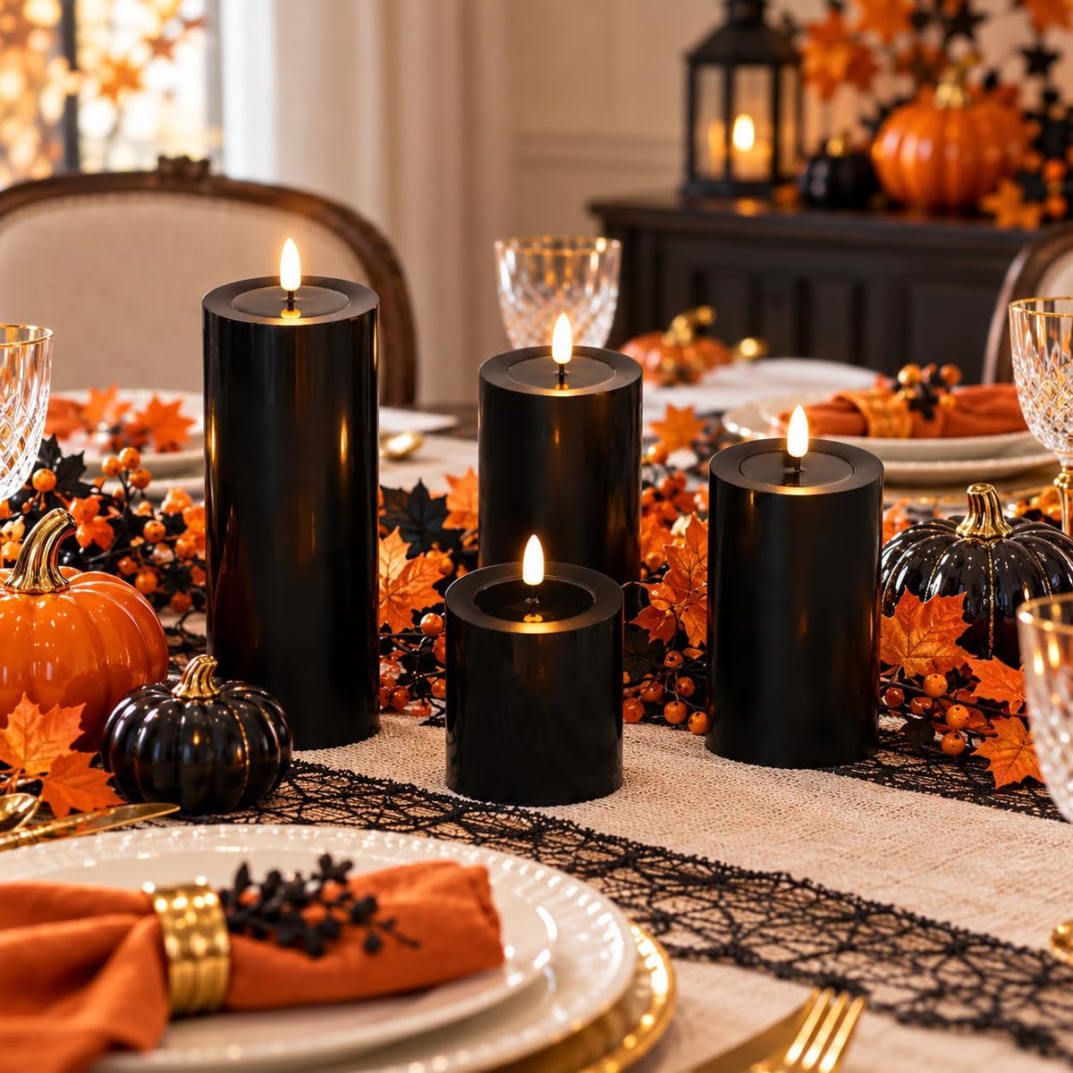 Lezonic Black Flameless Candles with Remote, LED Battery Operated Flickering with Timer, 4 Pack Glossy Wax Drips Design Real Wax Pillar for Halloween Decor, Centerpiece, Birthday Gifts (4/5/6/8 Inch)