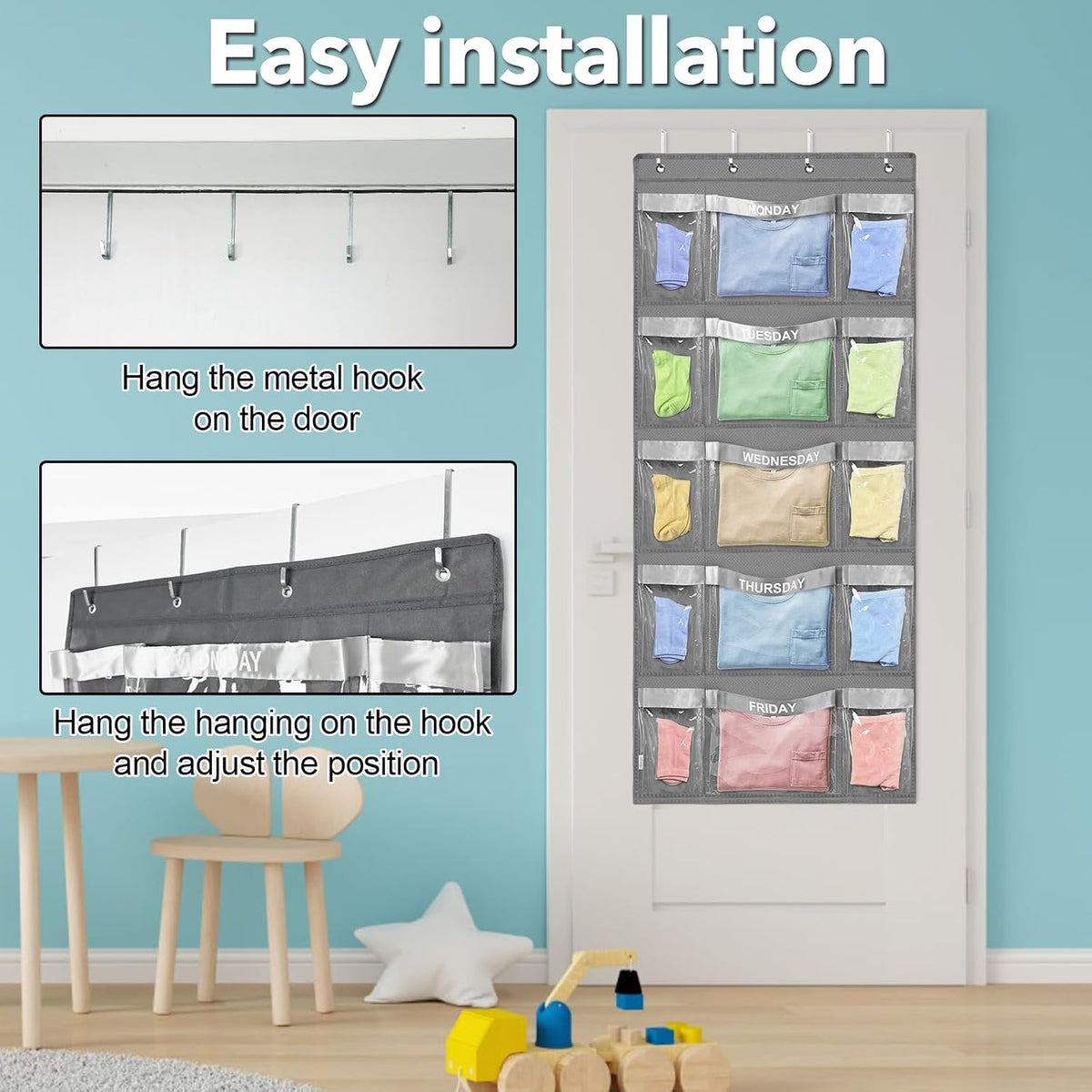 Weekly Hanging Closet Organizer for Kids,Day of Week Kids Clothes Organizer,School Clothing Storage Monday to Friday Hanging Closet Organizer Shelves for Bedroom,Bathroom,Dorm (Grey)