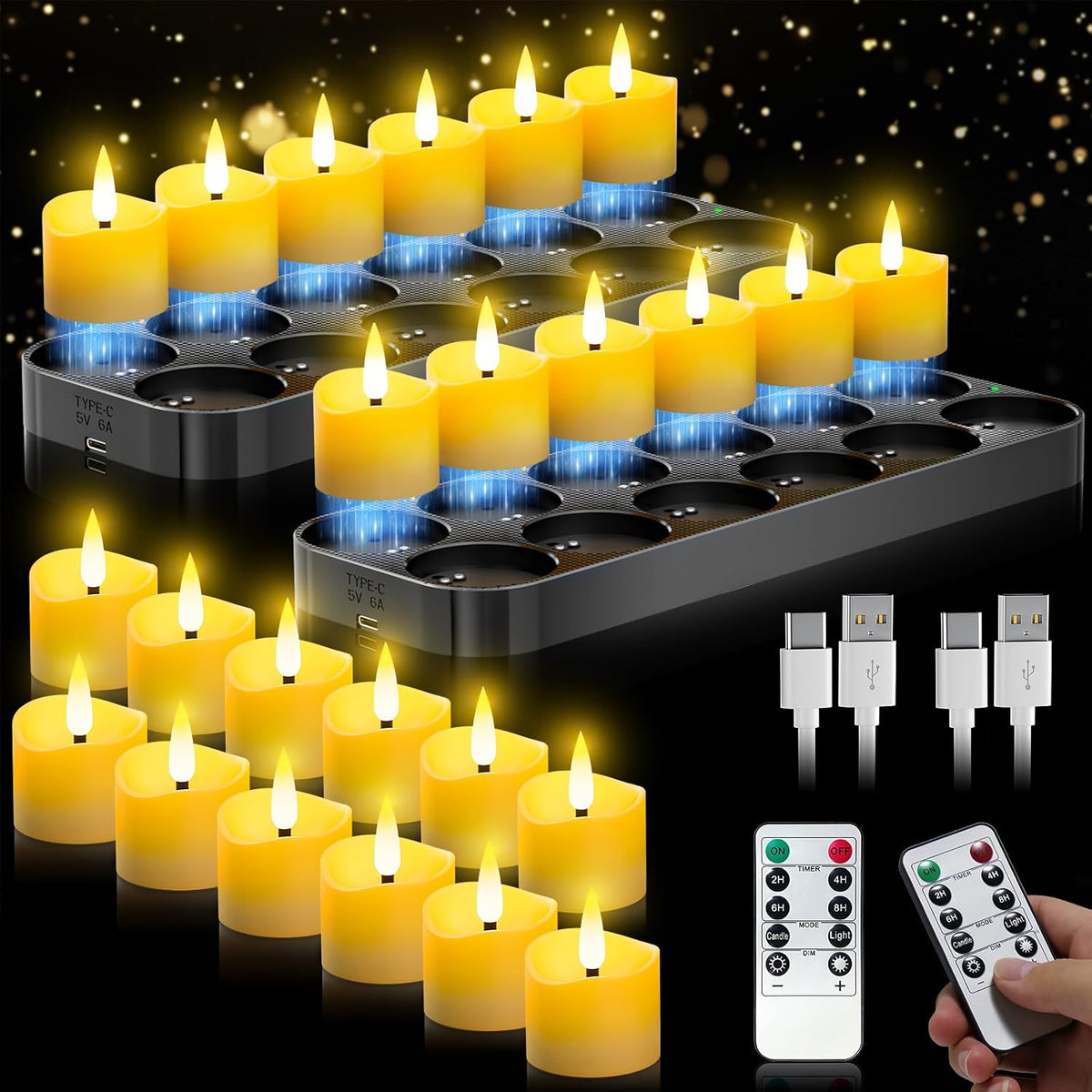 Rechargeable Tea Lights 24 Pack with Remote & Timer, Magnetic Charging Base