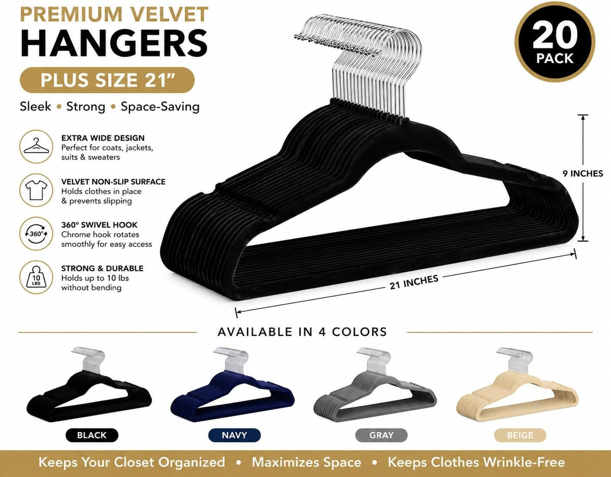 Home Expressions Premium 20 Pack - Ultra Thin No Slip Velvet Suit Swivel Hangers - 21" Extra Wide Strong Velvet Hangers - Space Saving Clothes Hangers - 21x0.2x10 inches (Black)