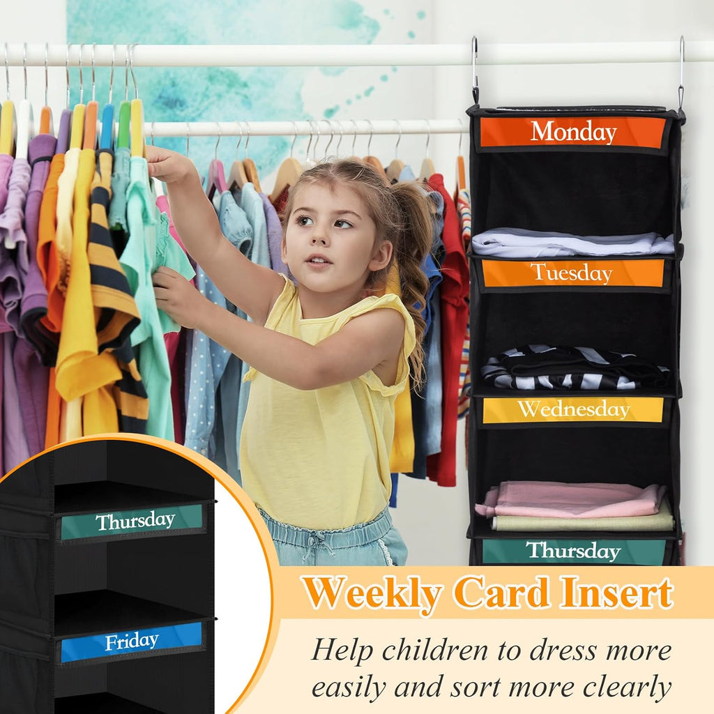 Amylove 2 Pcs 6 Shelf Hanging Weekly Clothes Organizer for Kid,Black,White