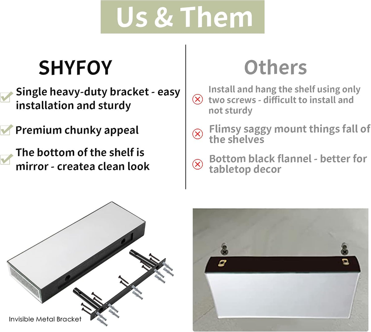 SHYFOY Mirrored Floating Shelves for Wall, Set of 2, Silver Glass Shelves
