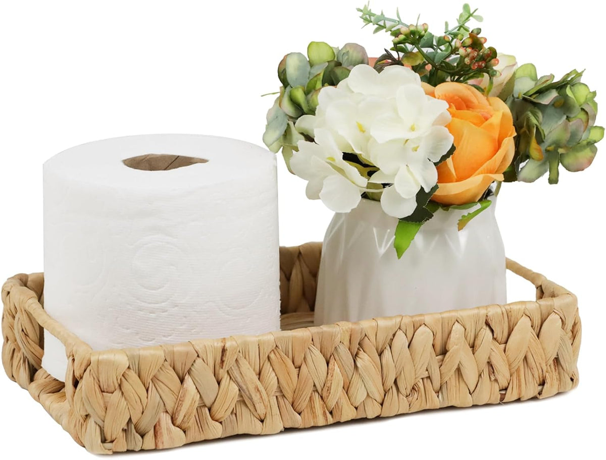 Water Hyacinth Bathroom Vanity Tray with Handle, 11 Inch
