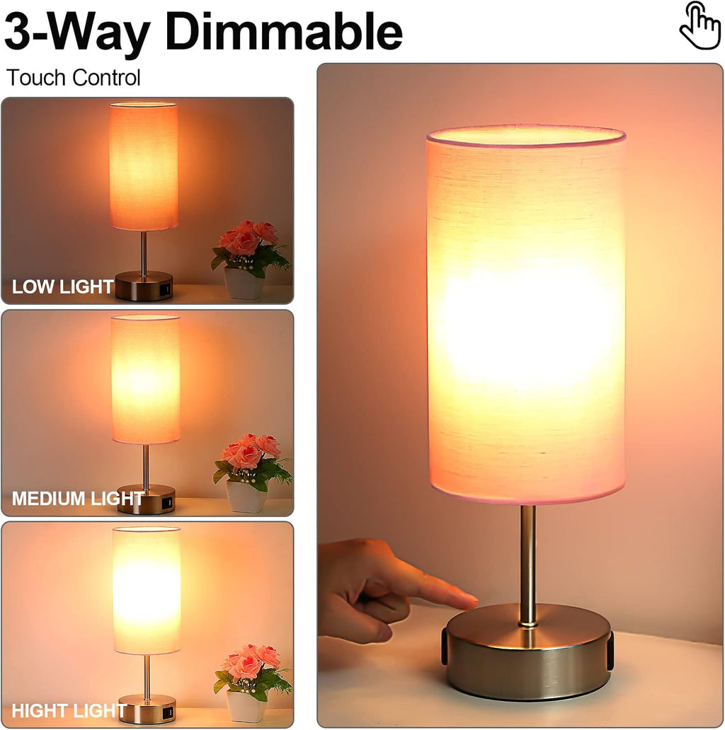 Yarra-Decor 【Upgraded Bedside Lamp with USB A+C Charging Ports & AC Outlet Touch Control Table Lamp for Girl Bedroom 3 Way Dimmable Nightstand Lamp with Pink Shade for Home, Dorm(Bulb Included)