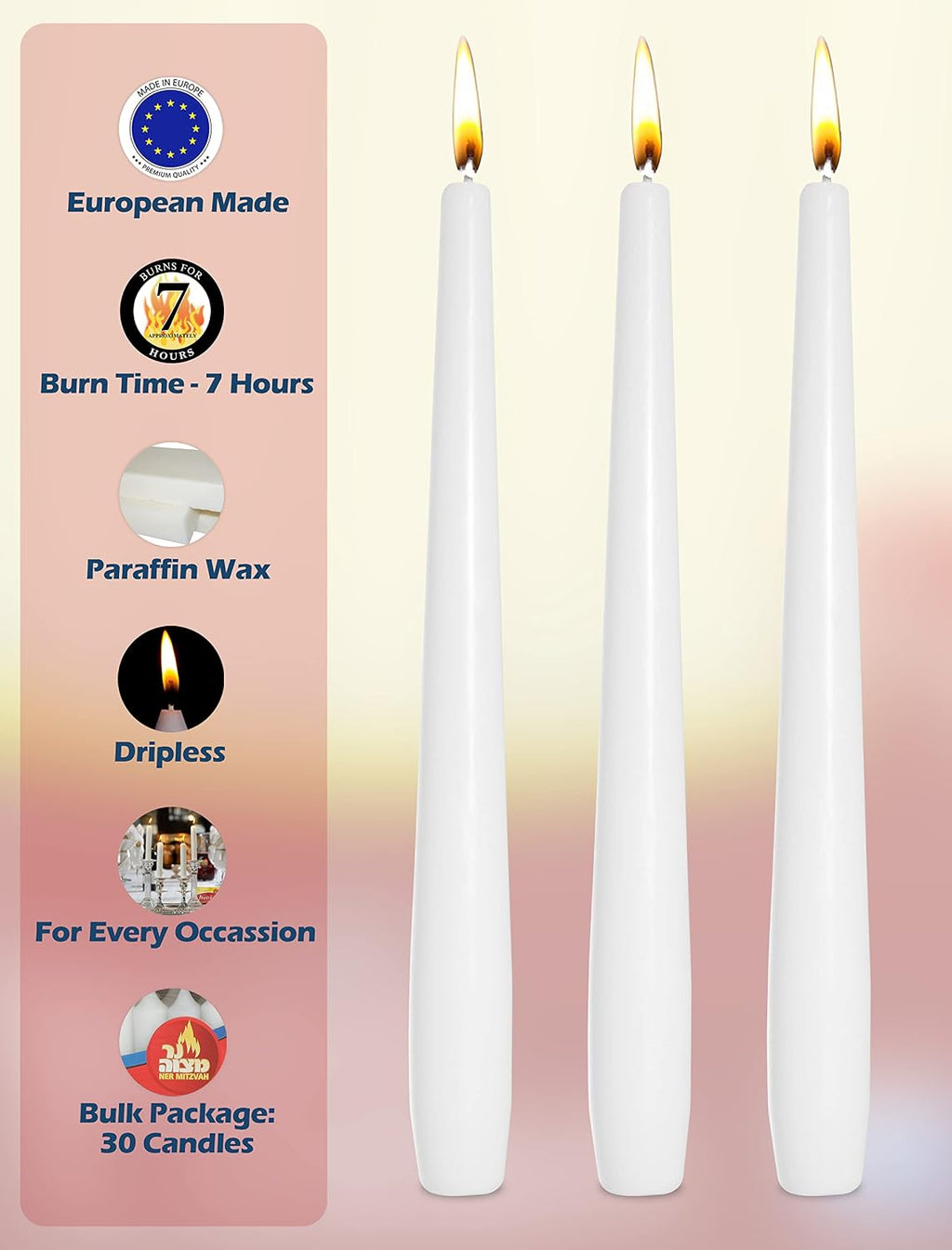Ner Mitzvah Classic 8 Inch Taper Candles for Shabbat, Dinner Tables, Restaurants, Ceremonies and Emergency, 7 Hour Burn Time - White (Pack of 30)