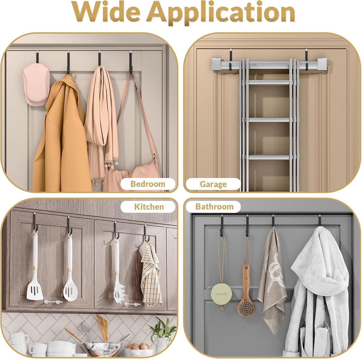 Over the Door Hooks, 4 Pack Heavy Door Hanger Organizer with Non-Slip Rubber, Over Door Hanger for Towels, Coats, Bags, Space Saving Door Coat Hanger for Living Room,Bathroom, Bedroom (Black, Short)