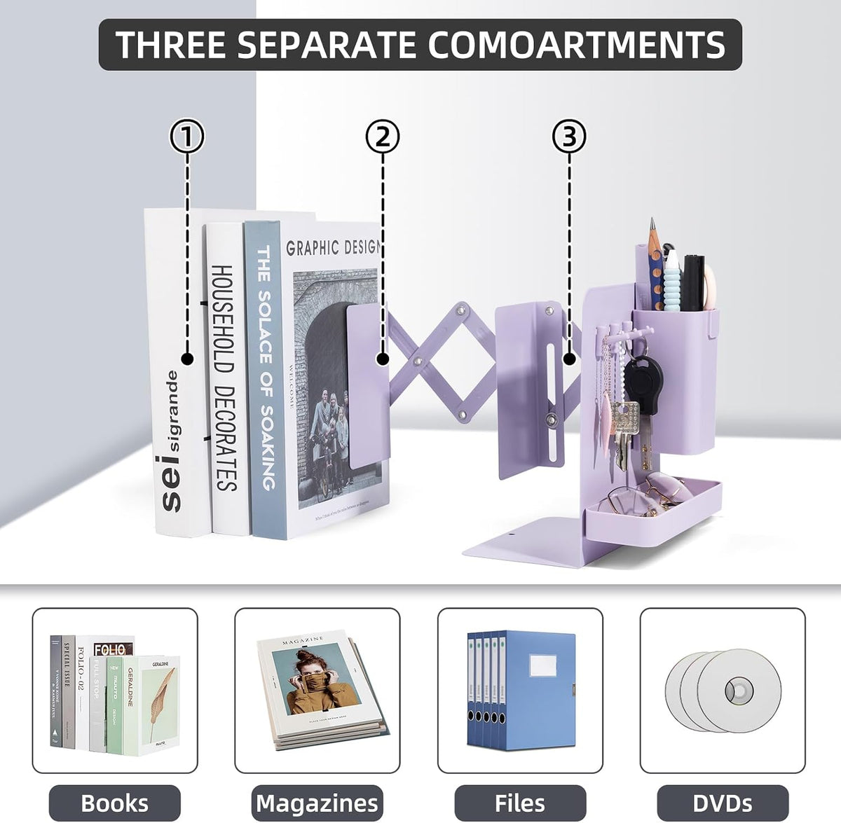 Adjustable Bookends, 19" Metal Book Ends for Heavy Books, 2 Dividers Bookends with Removable Pen Holder, Tray, and 3 Hook-up, Book Organizer for Office, School, Bookstore, Home