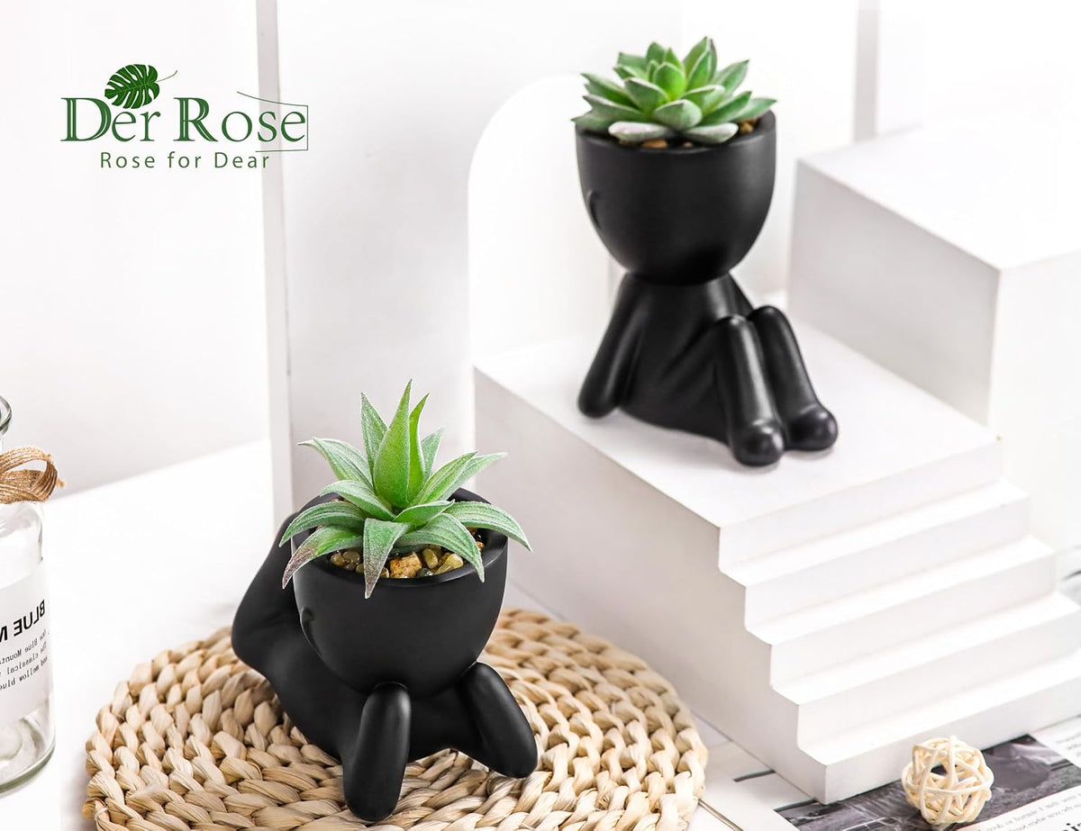 Der Rose 2 Pack Fake Succulents in Black Human Pots for Bathroom Decor