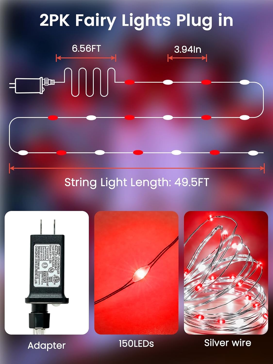 2 Pack Fairy Lights Plug in 99 FT 300 LED Christmas String lights Red White