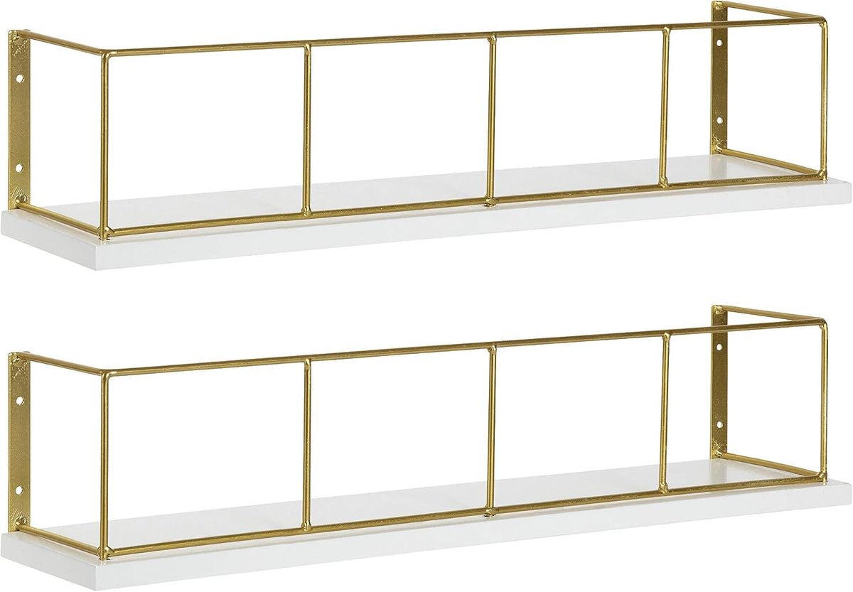Kate and Laurel Benbrook 18-inch 2-Pack Wood and Metal Floating Wall Shelves, White and Gold