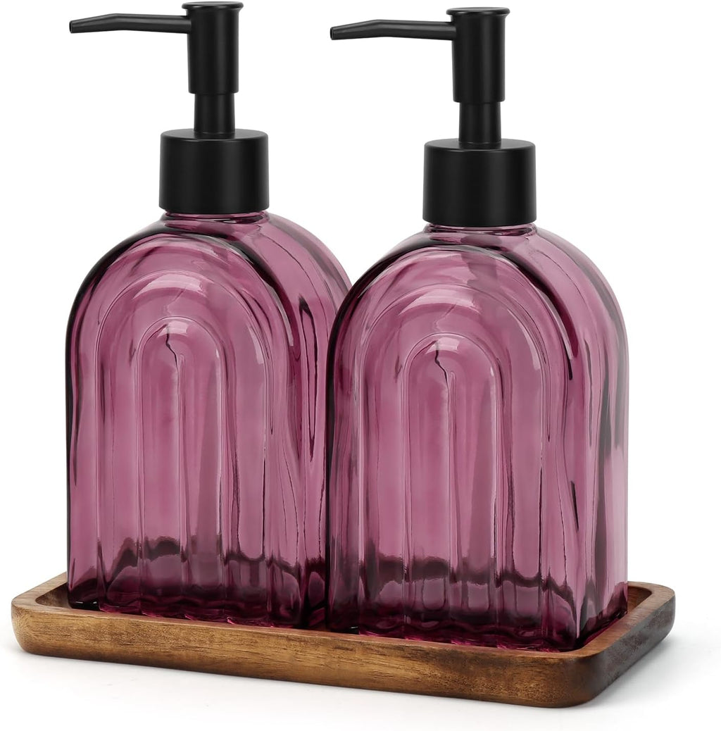 Glass Soap Dispenser Set with Wooden Tray, 13.5Oz Refillable Liquid Modern Soap Dispenser with Plastic Pump for Hand and Dish Set for Bathroom Countertop Decor (Purple)
