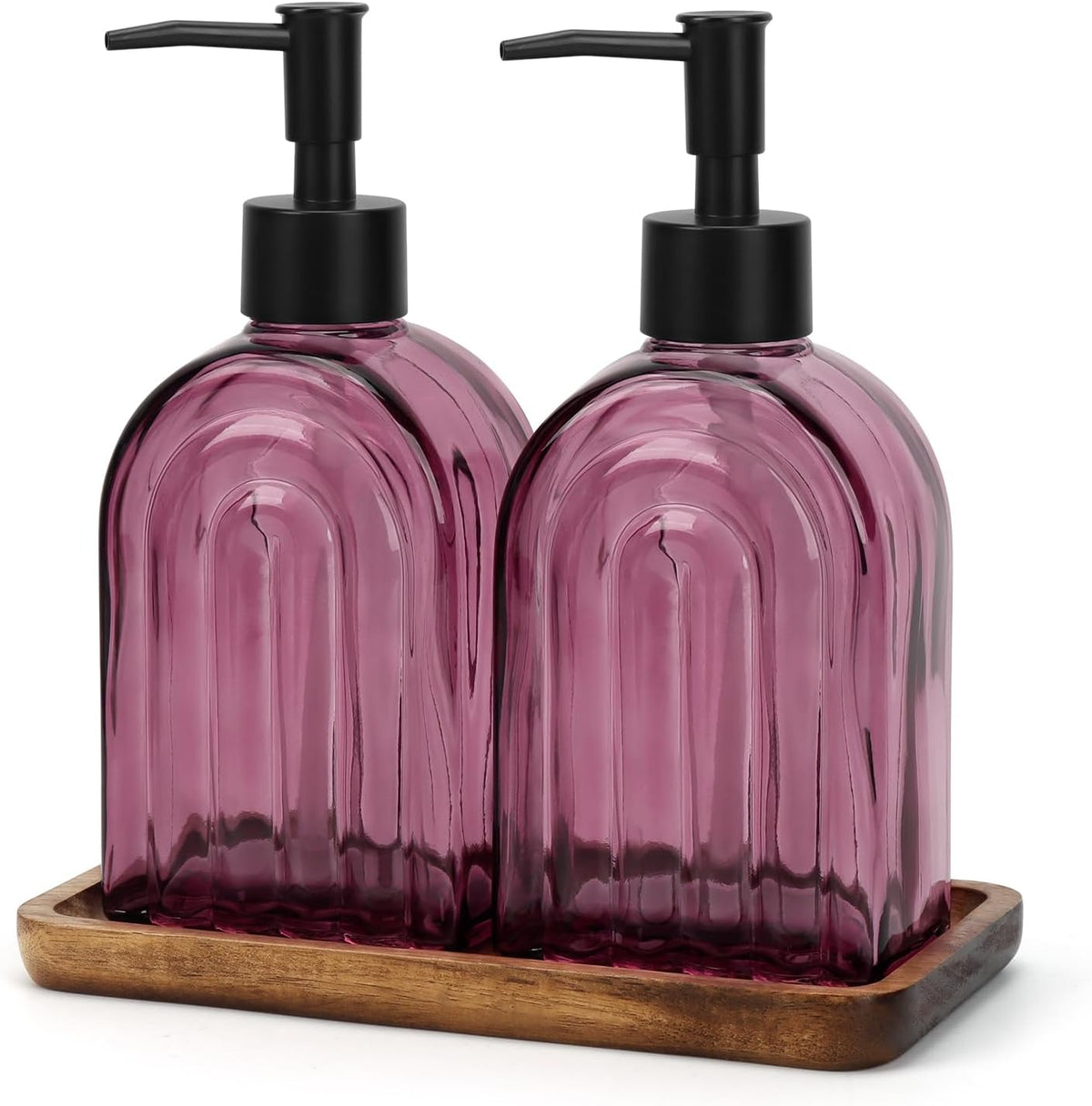 Glass Soap Dispenser Set with Wooden Tray, 13.5Oz Refillable Liquid Modern Soap Dispenser with Plastic Pump for Hand and Dish Set for Bathroom Countertop Decor (Purple)