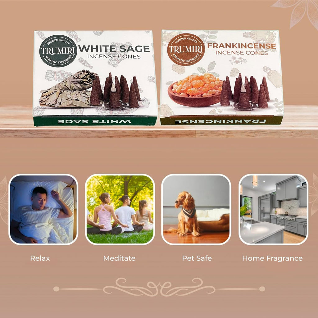 TRUMIRI Incense Cones - Combo Pack of 20 Cone Incense - 10 Frankincense + 10 White Sage