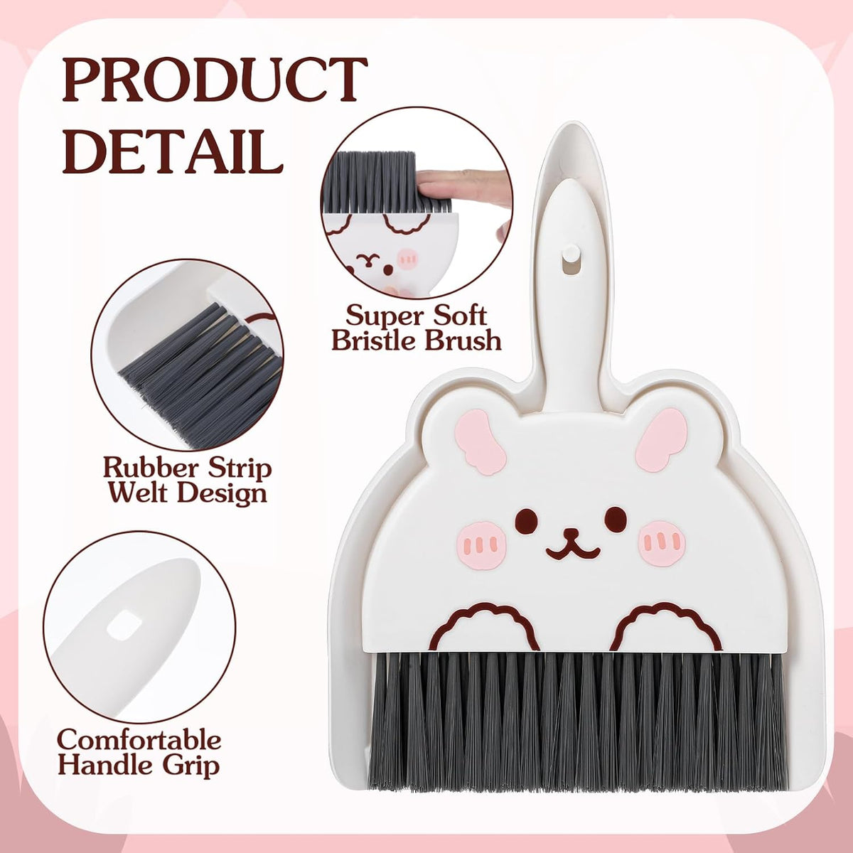 Ouligay Portable Mini Dustpan and Brush Set,Cute Small Broom and Dustpan Set with Durable Brush,Lightweight Dust Pan and Broom Set for Desktop Small Space Cleaning(White Rabbit)