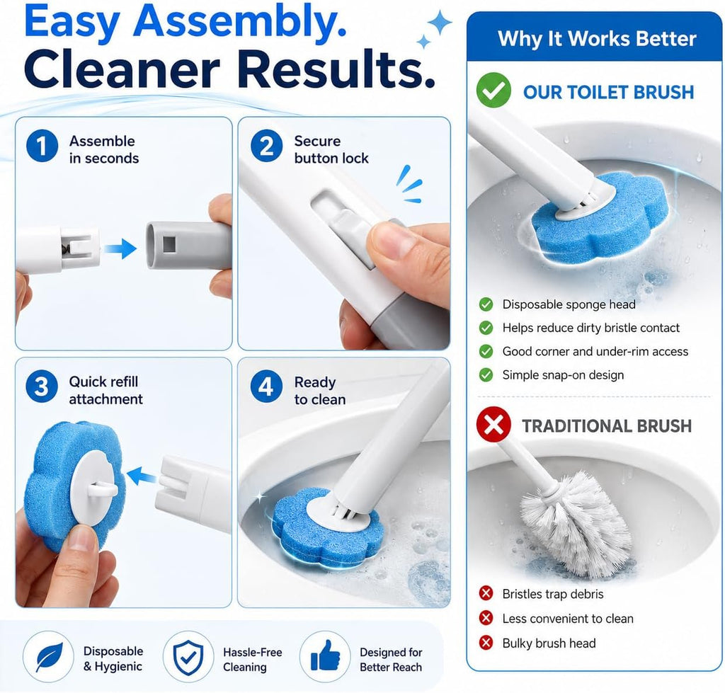 Upgraded 2026 Disposable Toilet Brush, Toilet Bowl Brush and Holder Set, Handle Auto Open Cleaners, Toilet Cleaning System with Storage Caddy for Sink 30 Wand Refills,15 Pairs of Gloves, Bathtub.