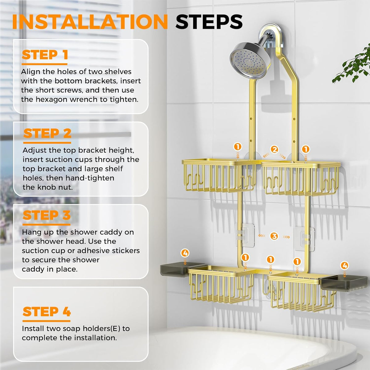 Adjustable Aluminum Shower Caddy Hanging for Handheld Showerhead, Gold