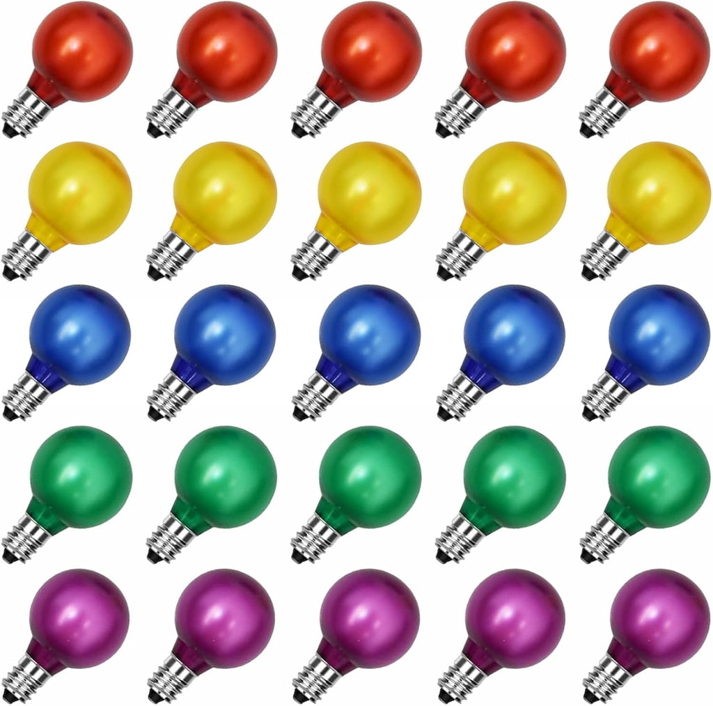 25 Pack G40 Frosted Multi-Color LED Replacement Bulbs, Shatterproof LED Globe Light Bulbs for Indoor Outdoor Christmas String Lights, 0.6W Energy Saving String Light Bulbs, E12/C7 Candelabra Base