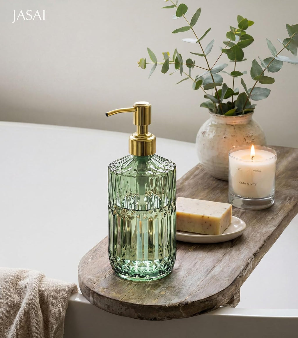 JASAI 2Pack 18Oz Green Glass Soap Dispenser with Gold Rust Proof Pump