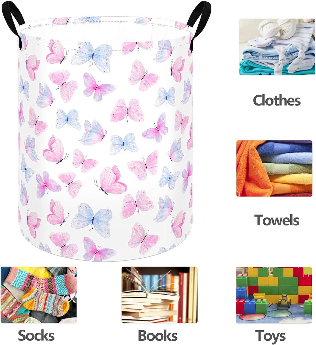 Butterfly Storage Basket for Girls and Kids, Round Collapsible Laundry Hamper with Handles, Pink Blue Butterfly Organizer Bin for Clothes, Toys Room, Nursery, Bedroom Dorm and Gifts